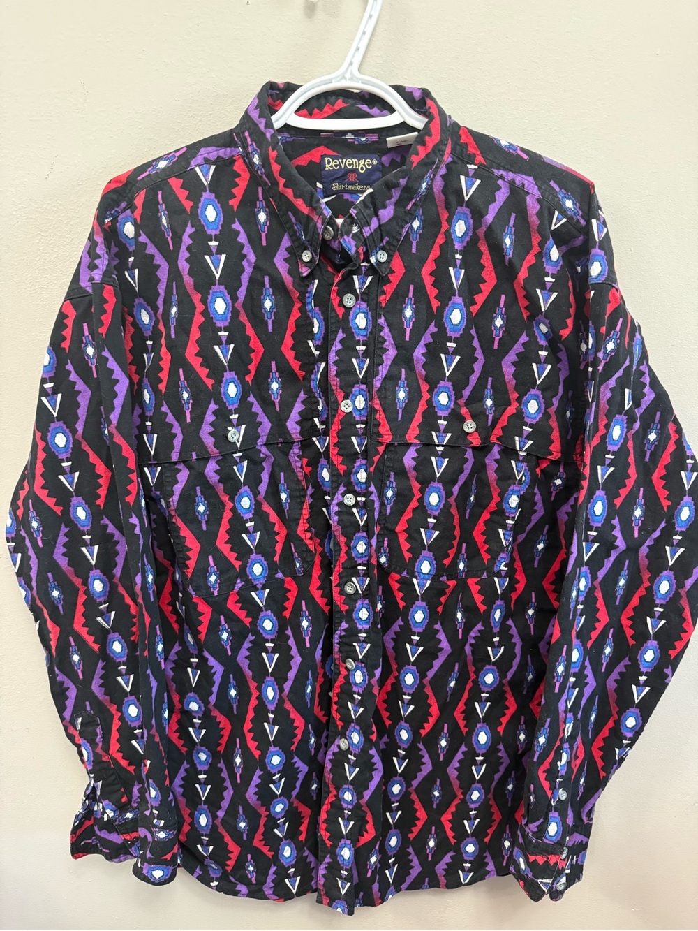 Vtg Revenge Shirtmakers Geometric Button-Up Shirt Black, Red, Purple 16-16 1/2